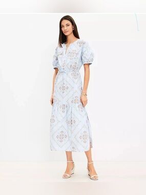 LOFT Light Blue Floral Puff-Sleeve Midi Dress